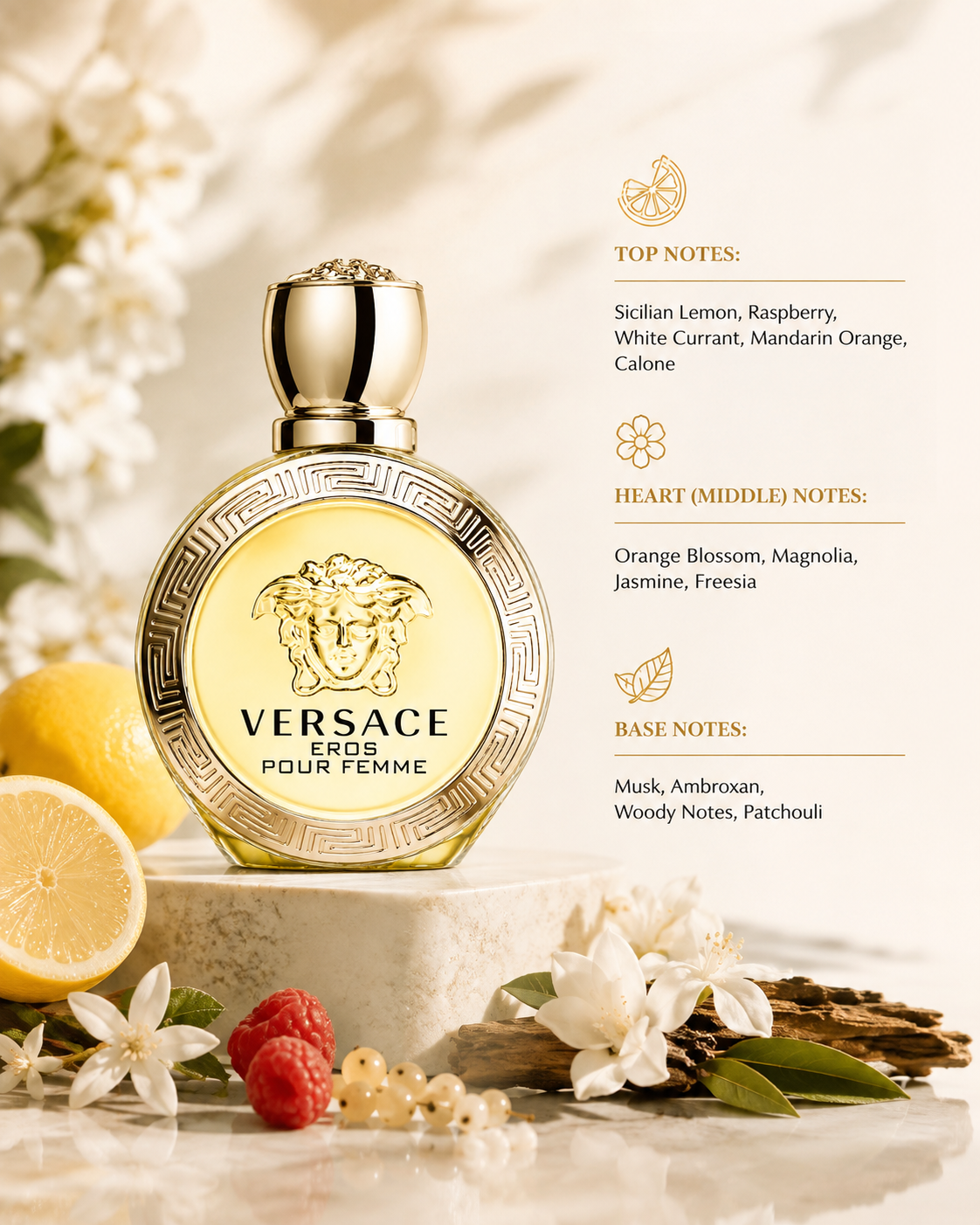 Versace Eros Pour Femme Eau de Parfum presented in an elegant golden setting with Sicilian lemon, raspberry, white currant, orange blossom, jasmine and woody accents, reflecting its radiant citrus-floral character.