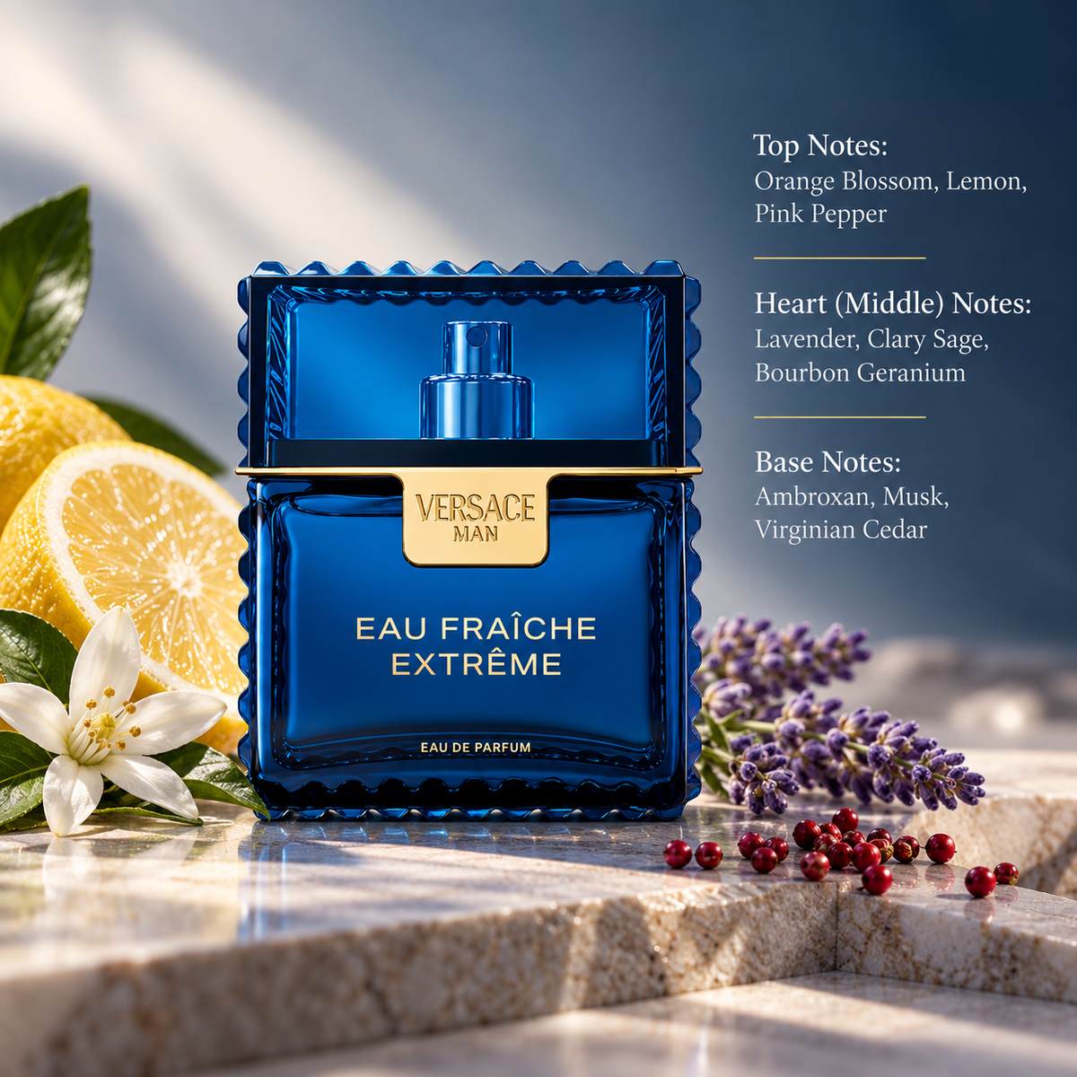 Versace Man Eau Fraîche Extrême 50ml Eau de Parfum for Men presented in a fresh, refined composition inspired by its aromatic citrus and woody fragrance profile, featuring orange blossom, lemon and pink pepper, a heart of lavender, clary sage and bourbon geranium, and a sophisticated base of ambroxan, musk and Virginian cedar.