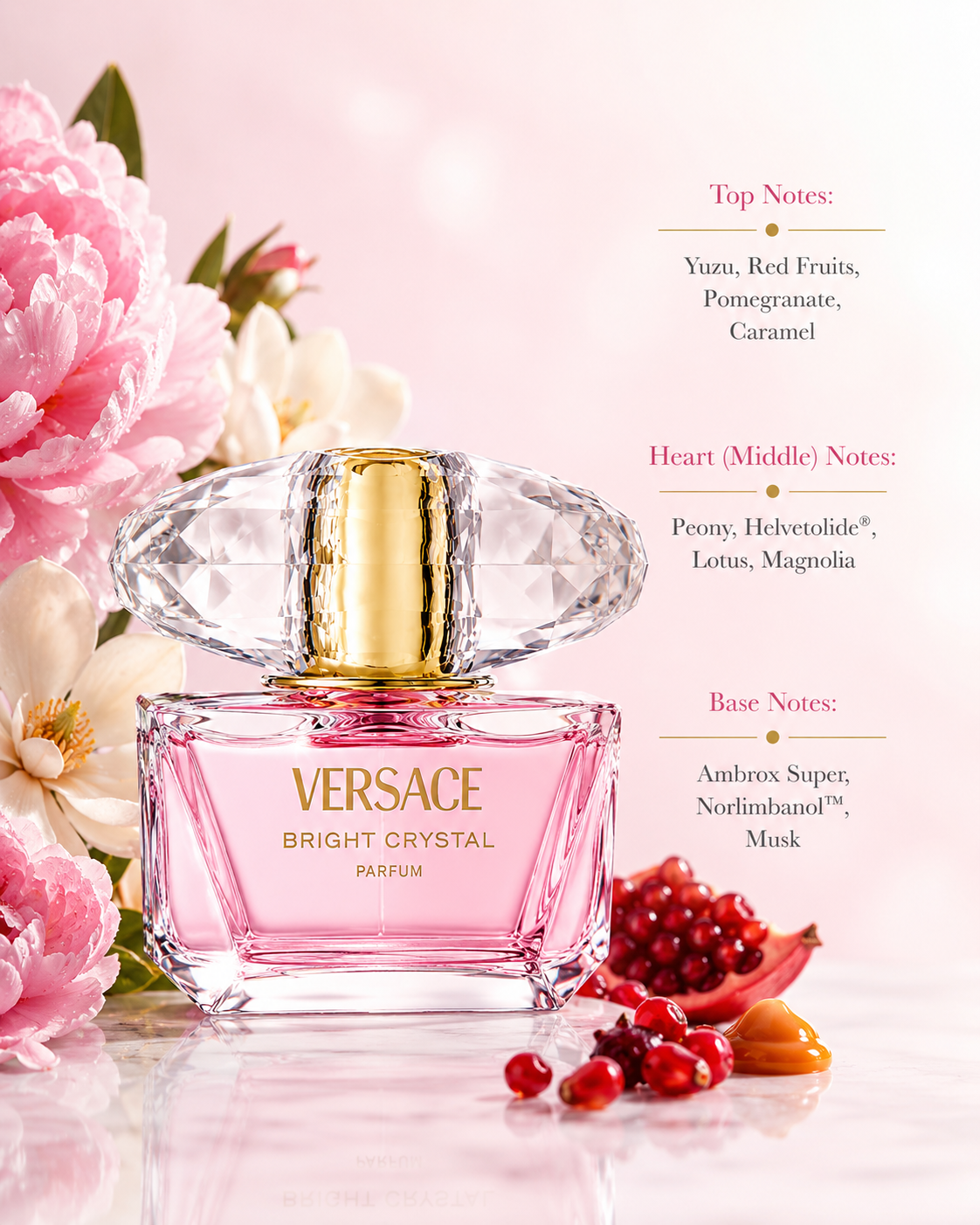 Versace Bright Crystal Parfum displayed with fragrance notes, surrounded by peonies, white magnolia blossoms, pomegranate, red berries, and caramel accents, highlighting its vibrant fruity-floral fragrance with sparkling yuzu, lush florals, and a warm musky amber base.