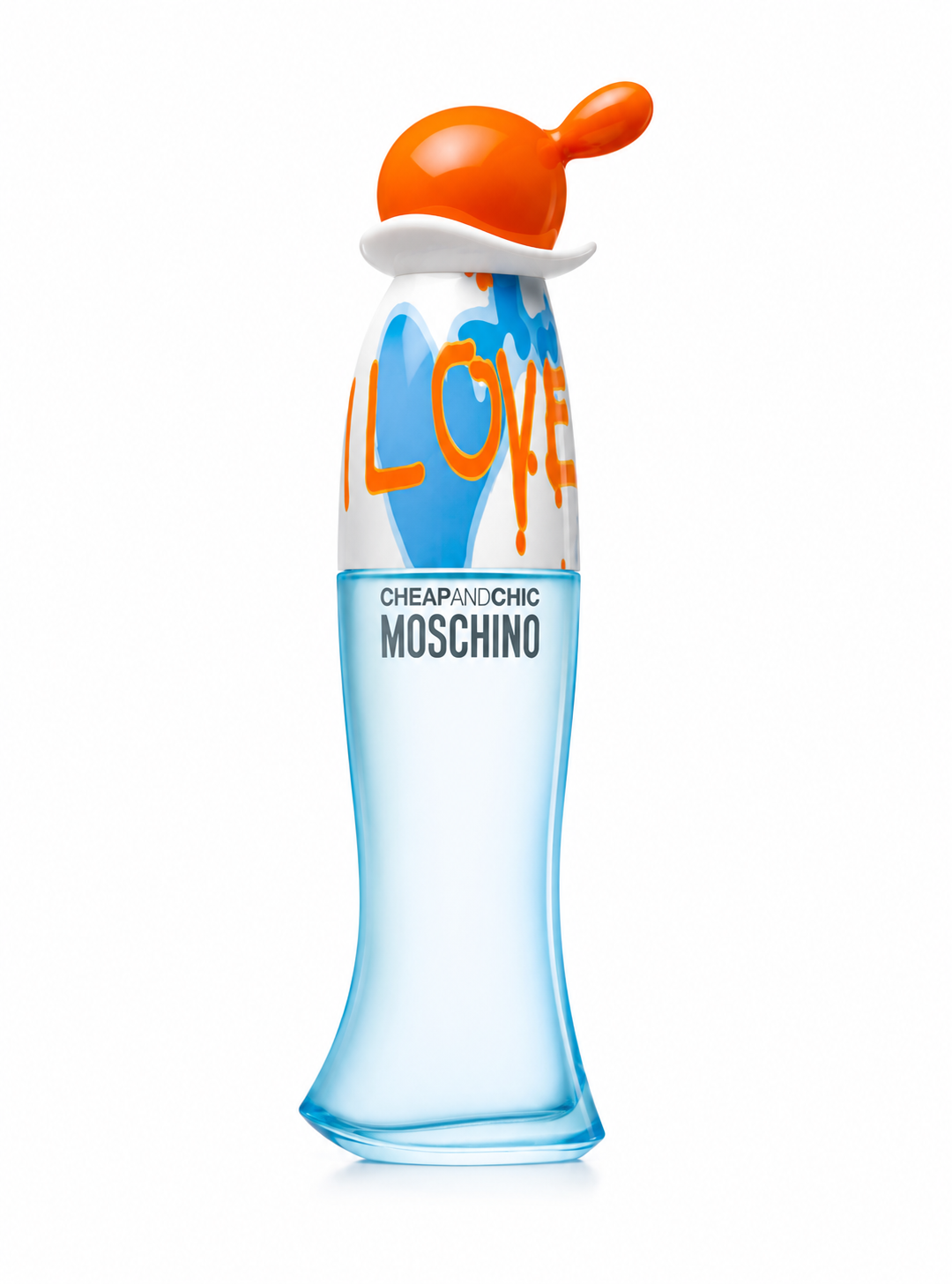 Moschino Cheap & Chic I Love Love Eau de Toilette bottle isolated on a white background, featuring the iconic tall blue frosted bottle with playful orange and blue "LOVE" lettering, topped with the signature orange sculptural cap inspired by the Olive Oyl character.