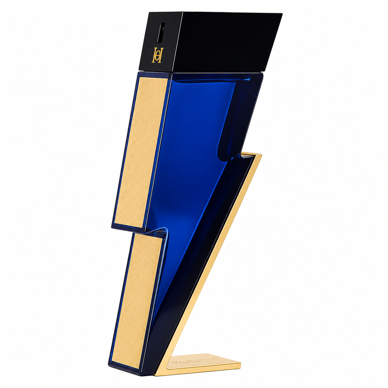 A modern, sculptural perfume bottle with a bold lightning-bolt shape, featuring a glossy cobalt blue center, black top and base sections, shown on a plain white background.