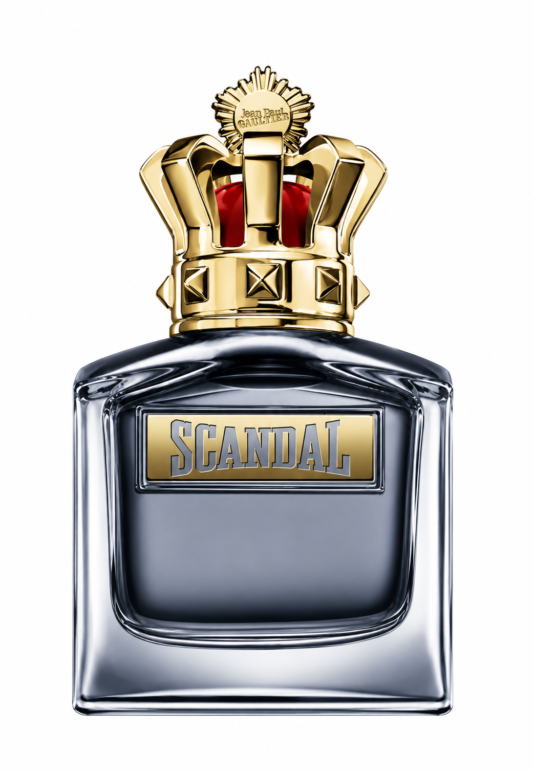 Jean Paul Gaultier Scandal Pour Homme Eau de Parfum bottle with black glass and gold crown cap.