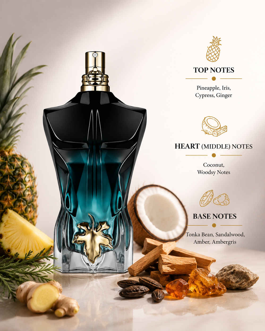 Jean Paul Gaultier Le Beau Le Parfum displayed with pineapple, ginger, coconut, sandalwood, tonka bean, amber, ambgris, and fragrance notes on an elegant tropical-inspired luxury background.