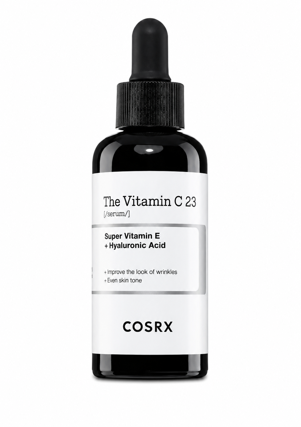 COSRX The Vitamin C 23 Serum in its signature dark dropper bottle, featuring a high-strength Vitamin C formula with Vitamin E and Hyaluronic Acid.