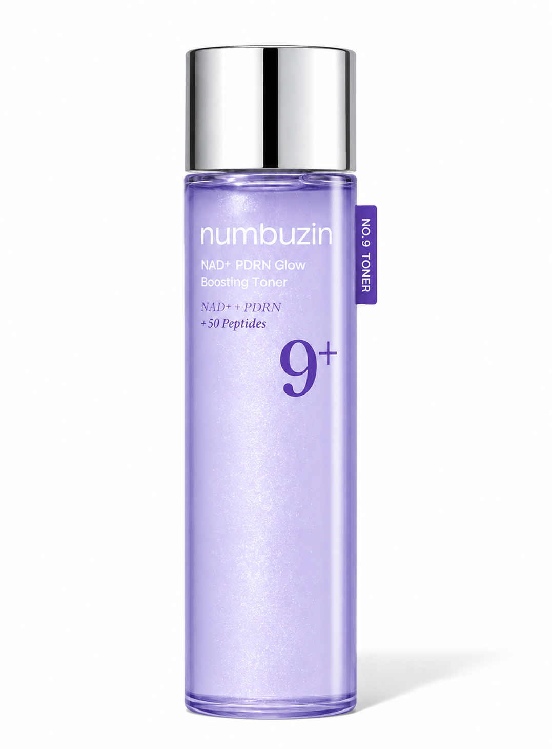 numbuzin No.9 NAD+ PDRN Glow Boosting Toner in its sleek translucent lavender bottle with reflective silver cap, highlighting the NAD+ + PDRN + 50 Peptides formula and distinctive No.9 branding.