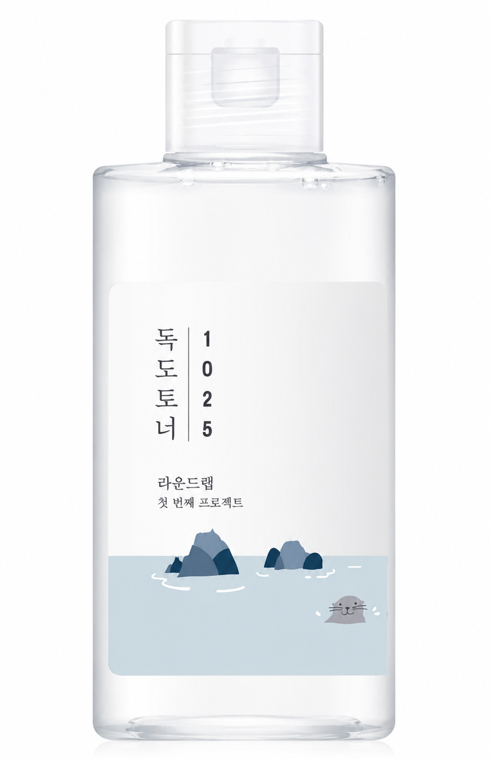 ROUND LAB 1025 Dokdo Toner 200ml on a pure white background, featuring a lightweight Korean hydrating toner enriched with deep sea water from Ulleungdo, panthenol, allantoin and mineral-rich ingredients to replenish moisture, gently exfoliate dead skin cells, soothe irritation and restore the skin's natural balance for a refreshed, smooth and healthy complexion