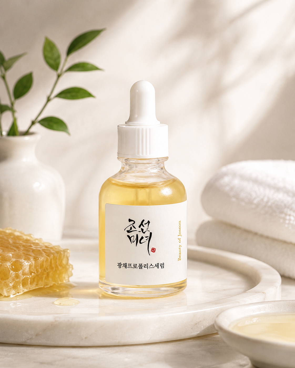 Beauty of Joseon Glow Serum Propolis + Niacinamide displayed on a marble tray in a bright spa-inspired setting with honeycomb, soft towels, and natural greenery. This nourishing Korean facial serum combines propolis extract and niacinamide to hydrate, soothe, improve skin radiance, minimize the appearance of pores, and promote a smooth, glowing complexion suitable for all skin types.