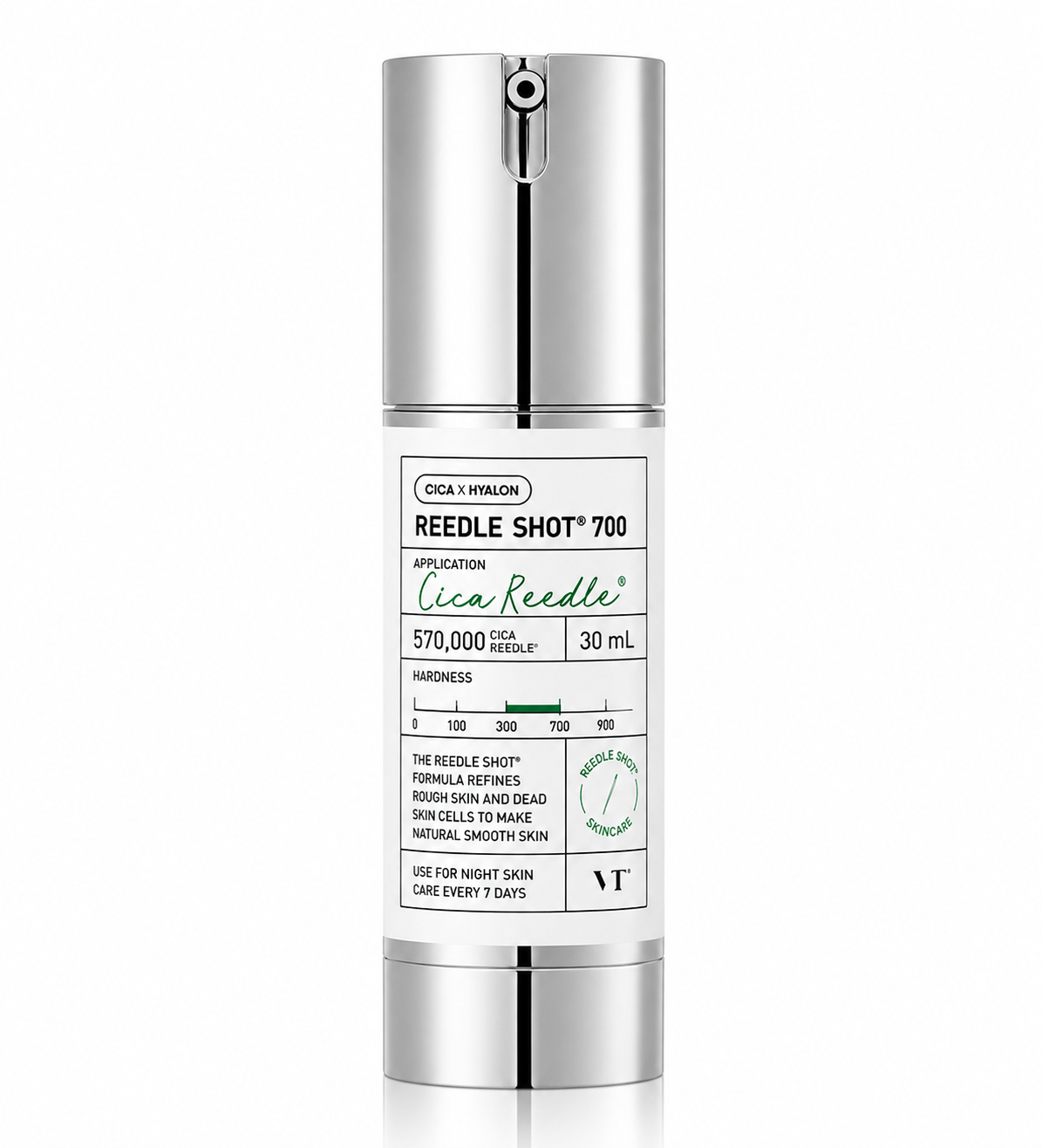 VT Cosmetics Reedle Shot 700 30ml intensive Korean skincare treatment on a pure white background, featuring high-concentration Cica Reedle™ micro-spicule technology with Centella Asiatica and hyaluronic acid to deeply refine skin texture, accelerate skin renewal, minimize the appearance of pores, improve absorption of active ingredients and reveal a smoother, firmer and more radiant complexion.