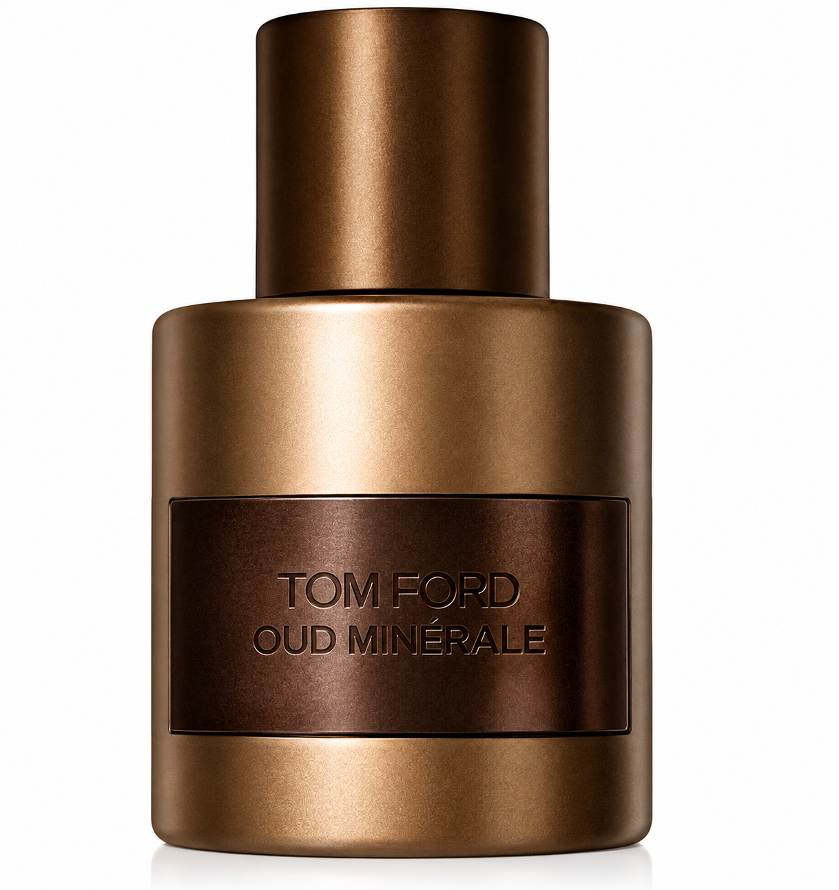 Tom Ford Oud Minérale Eau de Parfum in a sophisticated bronze-brown bottle with a dark metallic label and minimalist design, photographed on a clean white background.