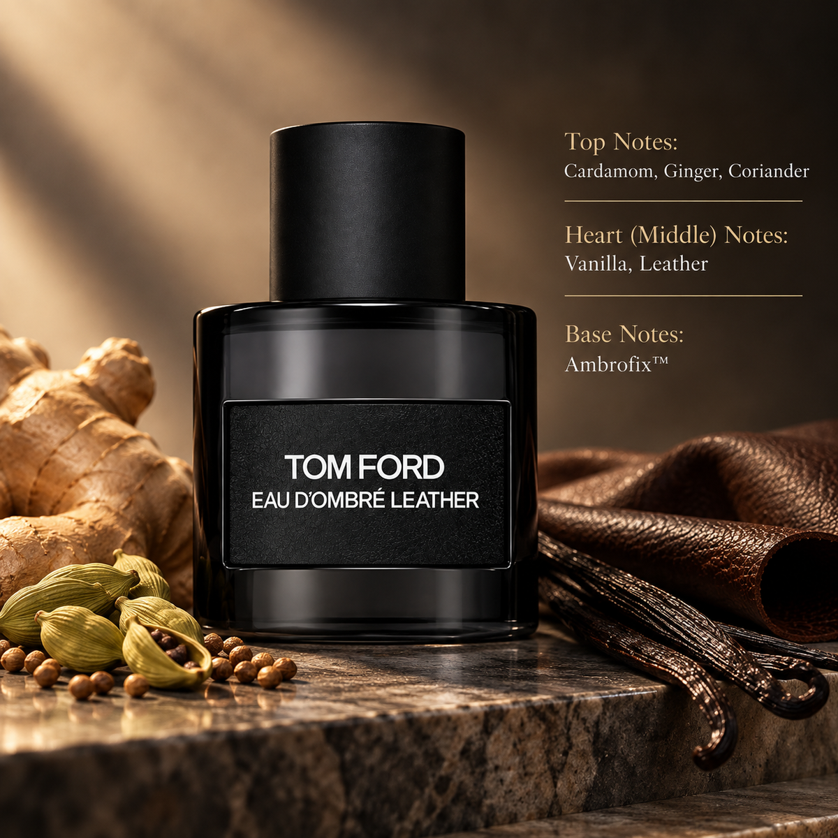 Tom Ford Eau d’Ombré Leather displayed in a warm, refined composition reflecting its spicy, leathery and ambery character, with cardamom, ginger and coriander, smooth vanilla and leather, and an Ambrofix™ base.
