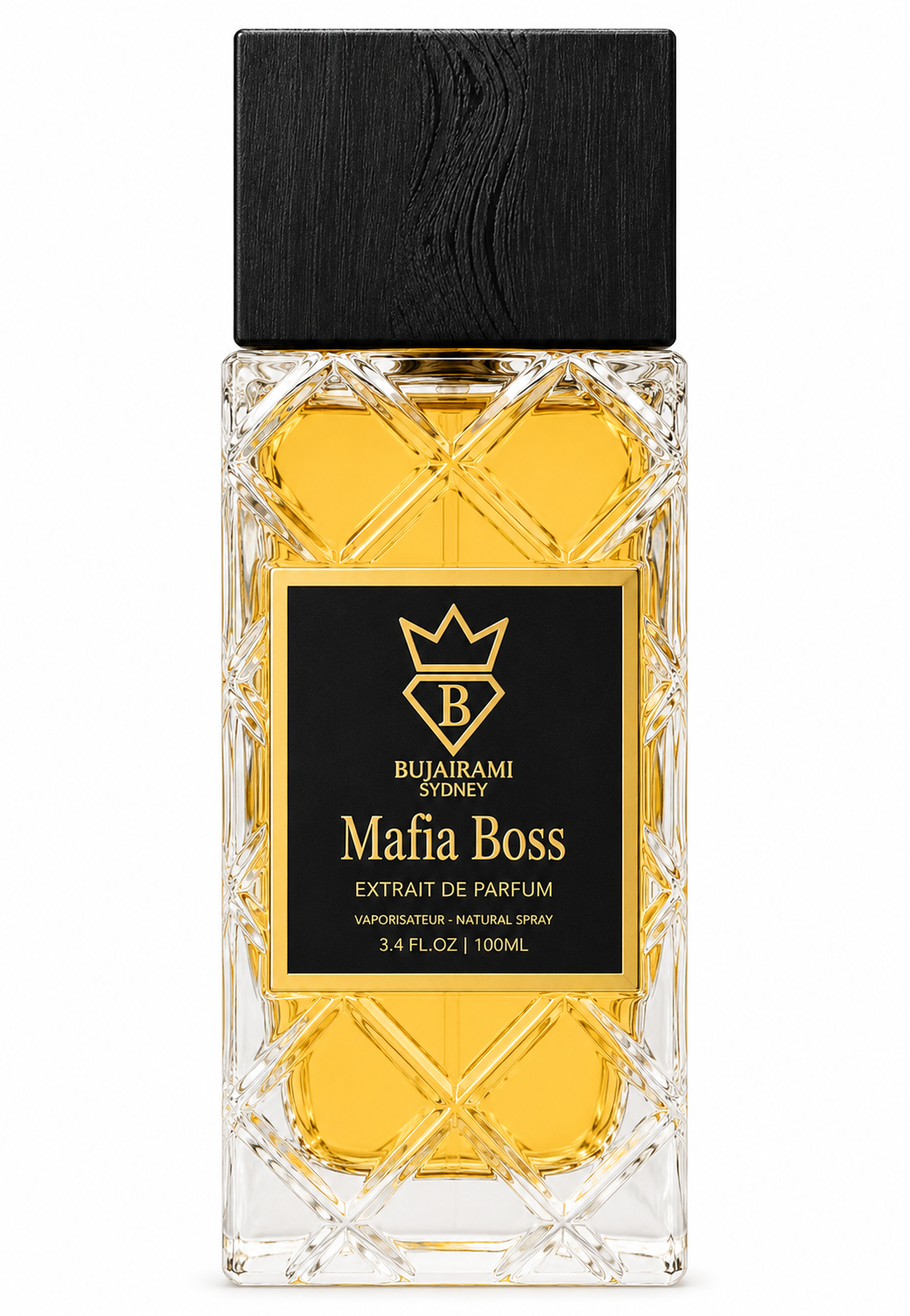 Bujairami Mafia Boss Extrait de Parfum presented in its luxurious crystal-cut rectangular glass bottle with an elegant matte black wooden cap and sophisticated black-and-gold label, isolated on a flawless pure white background with premium studio lighting. The image highlights the intricate faceted glass design, rich golden fragrance hue, crisp reflections and refined niche perfume craftsmanship for a clean, luxurious, high-end e-commerce presentation.
