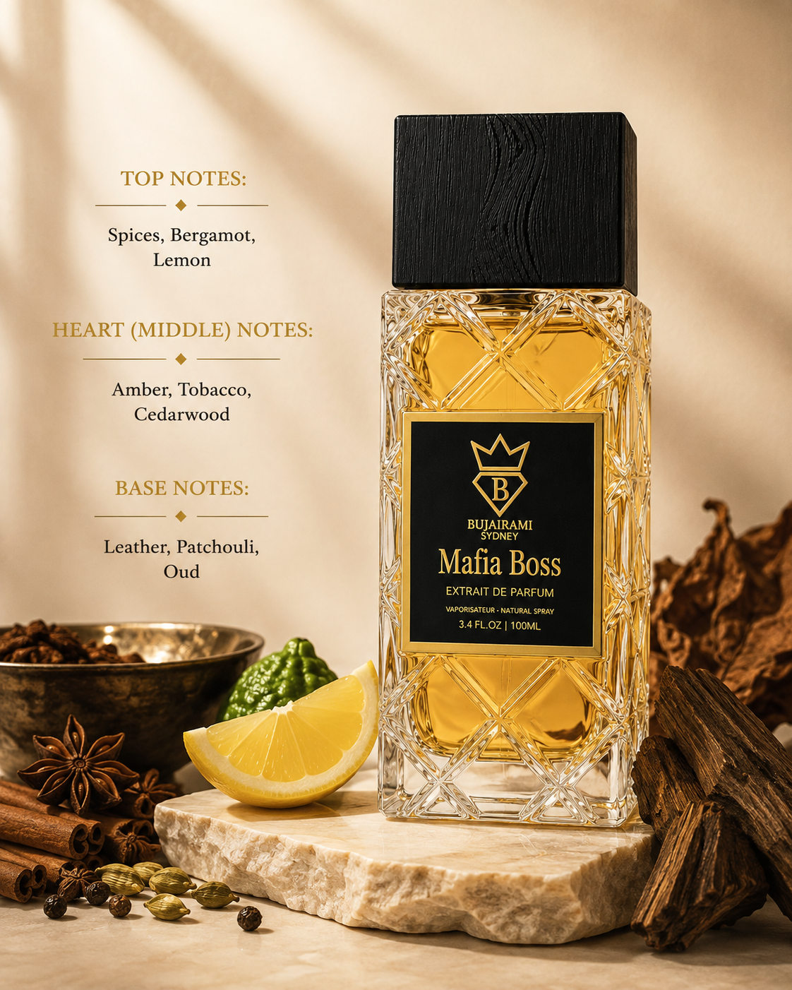 Bujairami Mafia Boss Extrait de Parfum displayed in an elegant luxury composition on a polished natural marble pedestal, surrounded by aromatic spices, fresh bergamot, juicy lemon, warm amber resin, premium tobacco leaves, aged cedarwood, supple black leather, earthy patchouli and rich oud wood. Soft golden sunlight streams across the scene, casting refined botanical shadows over a minimalist premium background.