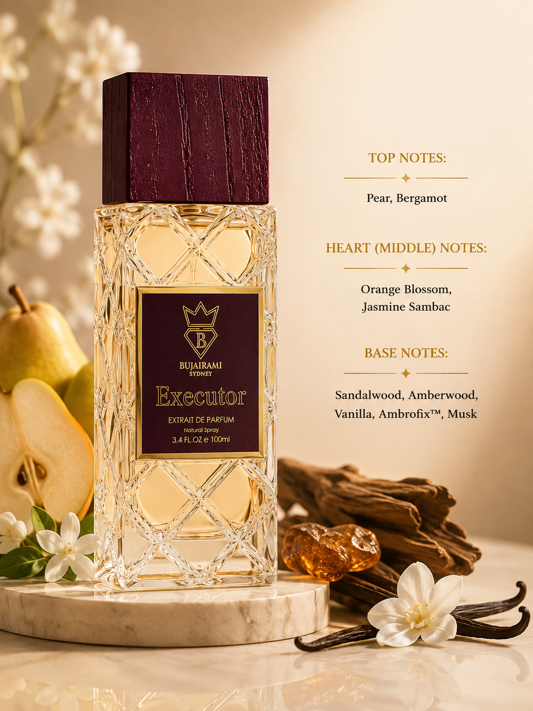 Bujairami Executor Extrait de Parfum displayed in a luxurious lifestyle composition on a polished natural marble pedestal, surrounded by ripe pear, fresh bergamot, delicate orange blossom, jasmine sambac flowers, rich sandalwood, smooth amberwood, Madagascar vanilla pods, golden amber resin and soft musk-inspired elements. Warm golden sunlight filters through the scene, creating elegant botanical shadows across a minimalist premium background.