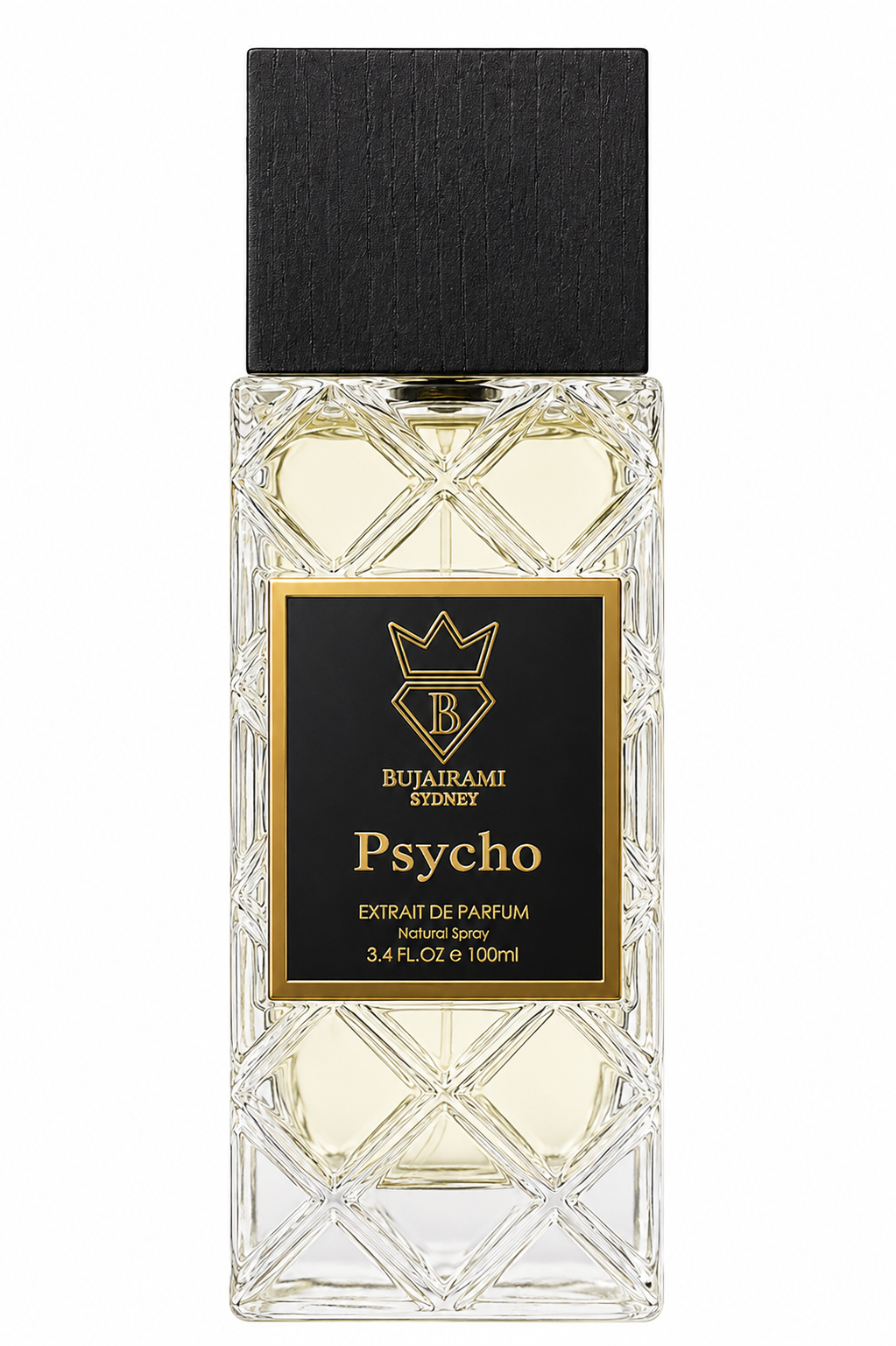 Bujairami Psycho Extrait de Parfum presented in its luxurious crystal-cut rectangular glass bottle with an elegant textured matte black cap and sophisticated black-and-gold label, isolated on a flawless pure white background with premium studio lighting. The image highlights the intricate faceted glass design, subtle golden fragrance hue, sharp reflections and refined niche perfume craftsmanship for a clean, high-end e-commerce presentation.