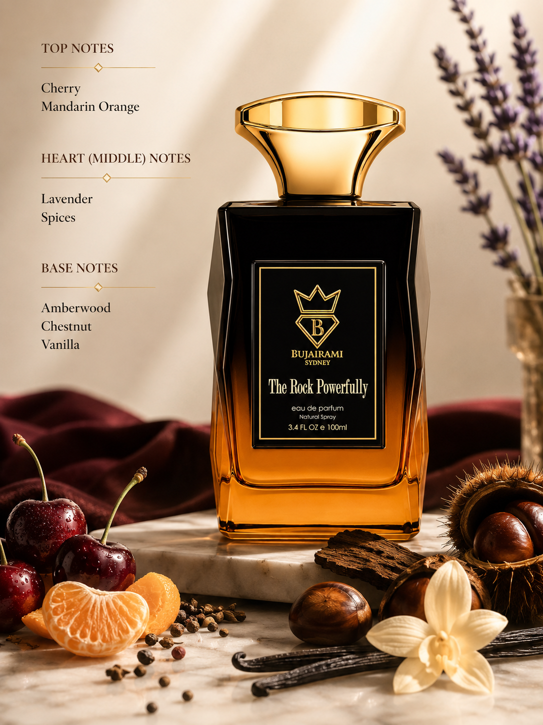 Bujairami The Rock Powerfully Eau de Parfum 100ml elegantly displayed on a premium marble pedestal in a warm luxury setting surrounded by ripe cherries, juicy mandarin segments, aromatic lavender, warm spices, roasted chestnuts, vanilla pods and rich amberwood accents, creating a sophisticated atmosphere that reflects its fruity, spicy and woody fragrance profile.