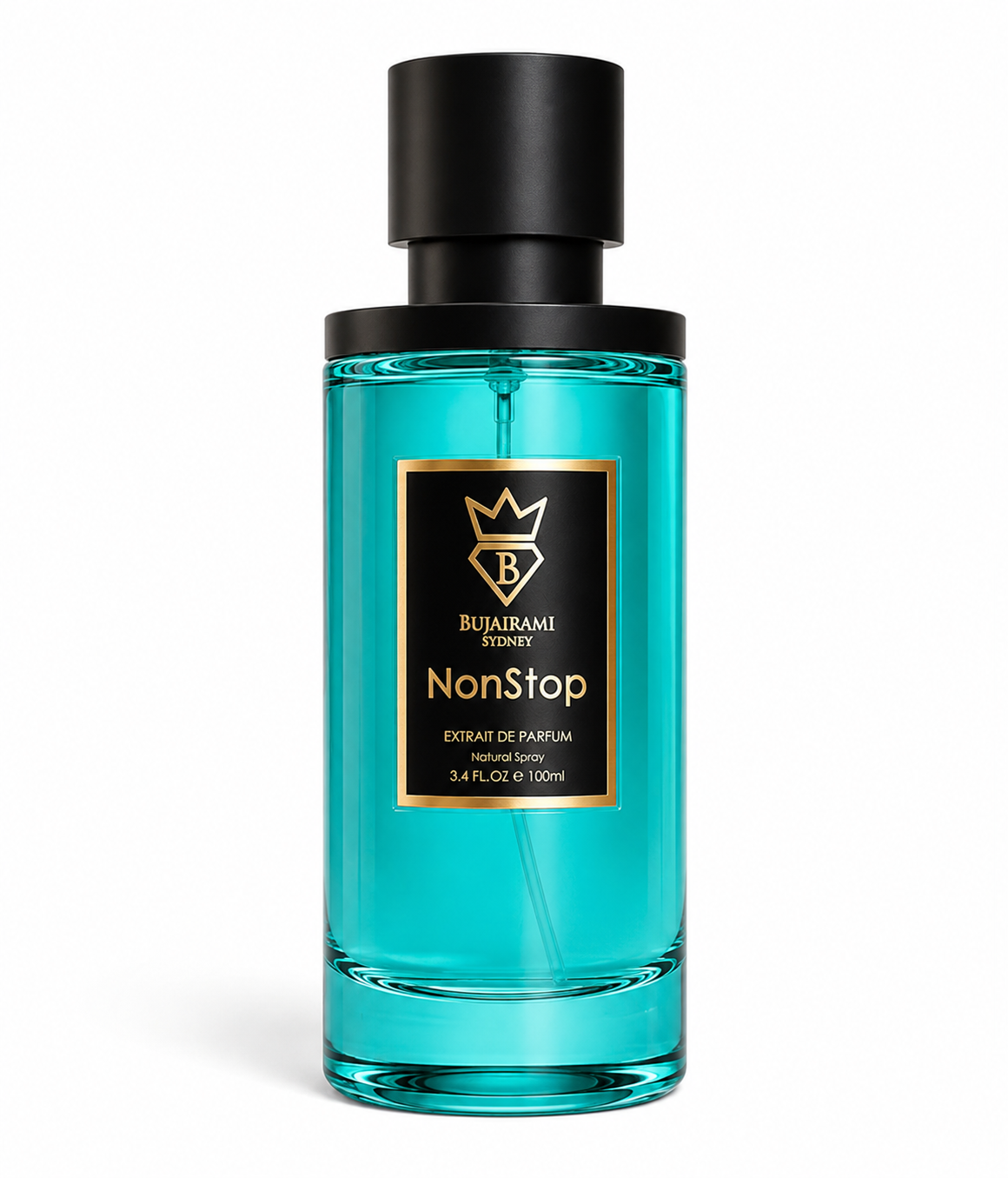 Bujairami NonStop Extrait de Parfum in its striking transparent cylindrical glass bottle filled with vibrant turquoise fragrance, featuring a minimalist matte black cap and luxurious black-and-gold label, isolated on a pristine white background with premium studio lighting, highlighting the crystal-clear glass, vivid aquatic color and modern niche fragrance design.